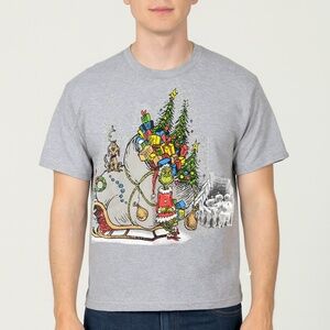 Dr. Seuss The Grinch Sleigh & Tree Heather Gray T-Shirt Size Large Unisex NWT